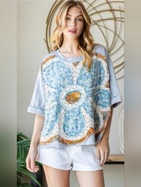 Oli & Hali Patchwork Top Oversized Boho Sweatshirt Tee Sz Sm- Cotton/ Viscose